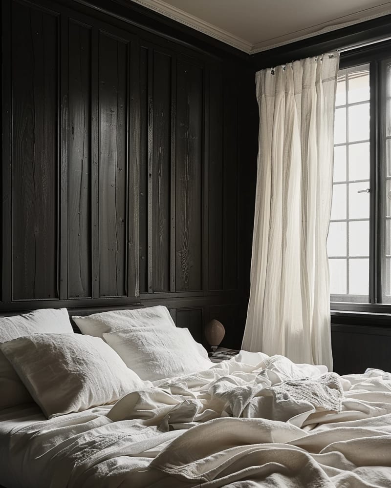 Dark bedroom with black paneled walls, white linen bedding, natural light, minimalist design creating dramatic contrast