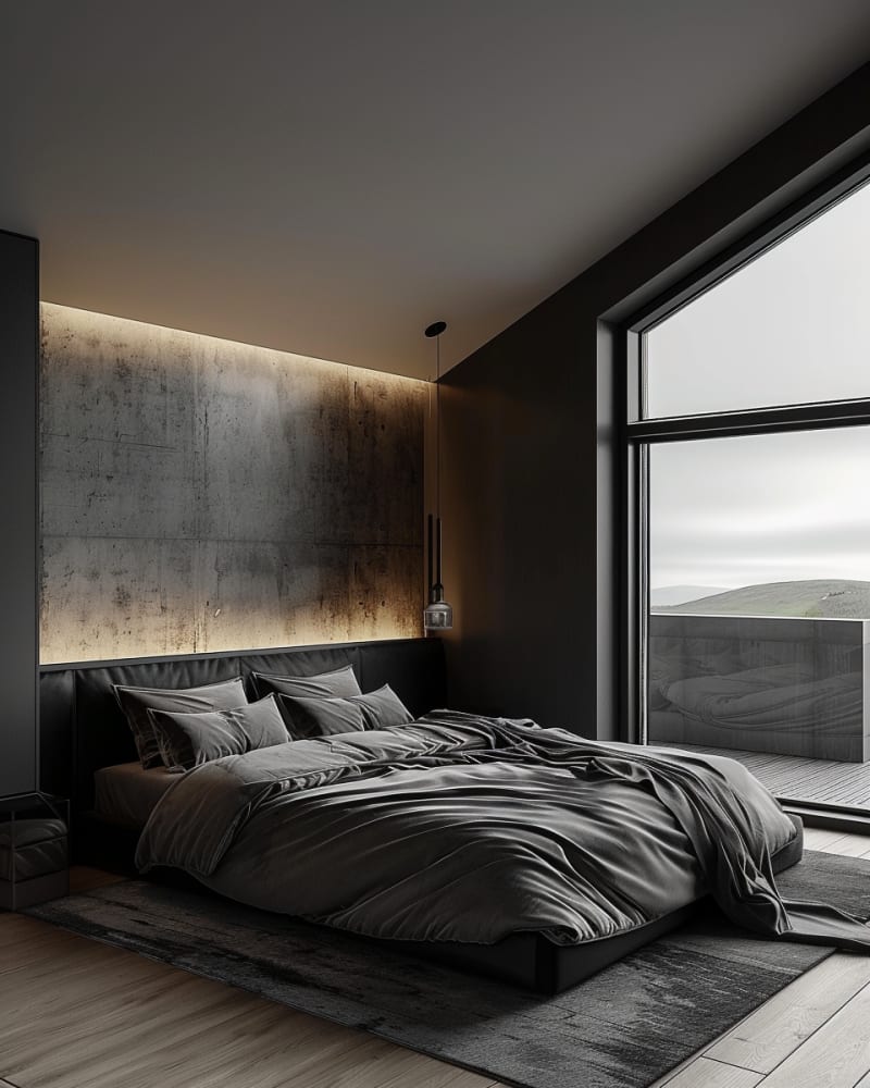 Dark bedroom with concrete wall, LED backlight, floor-to-ceiling window, black silk bedding, pendant light, minimalist design