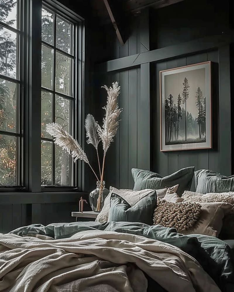 Dark bedroom with forest view, sage green walls, pampas grass decor, textured bedding, nature artwork, moody aesthetic