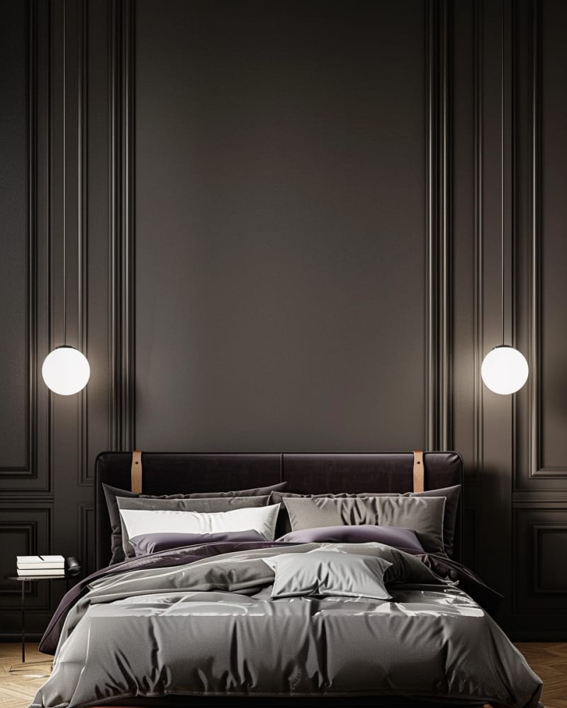Dark bedroom with leather headboard, wall paneling, globe sconces, monochromatic bedding, herringbone flooring, minimalist luxury