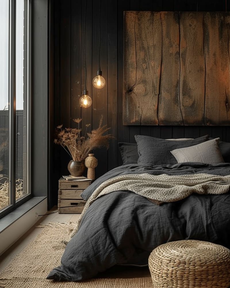 Dark bedroom minimalist design with black paneled walls, pendant lights, natural textures, linen bedding, and rustic wooden decor