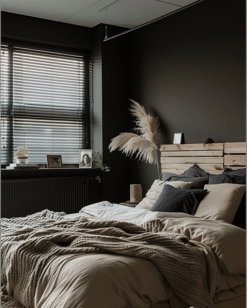 Dark bedroom minimalist design with wooden headboard, pampas grass decor, textured bedding, venetian blinds creating moody atmosphere