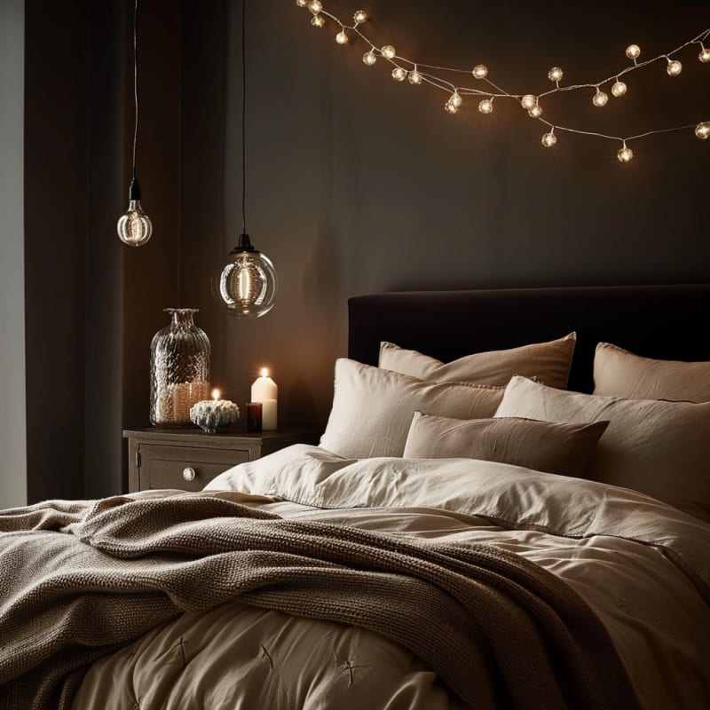 Dark bedroom with moody ambiance, string lights, pendant glass lights, neutral bedding, knit throw, candles, and cozy minimalist design