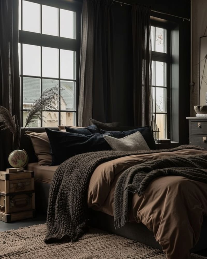 Dark bedroom moody interior with large windows, textured bedding, brown accents, vintage decor, and pampas grass