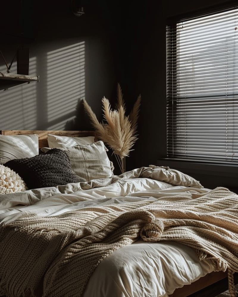 Dark bedroom with natural light patterns, chunky knit throw, white bedding, pampas grass, creating a moody minimalist design