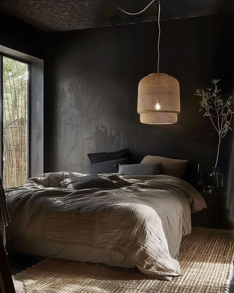Dark bedroom with natural texture featuring rattan pendant light, linen bedding, bamboo window, black walls, and jute rug