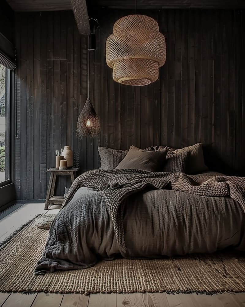Dark bedroom with natural textures, woven pendant light, charcoal walls, jute rug, linen bedding, moody minimalist design