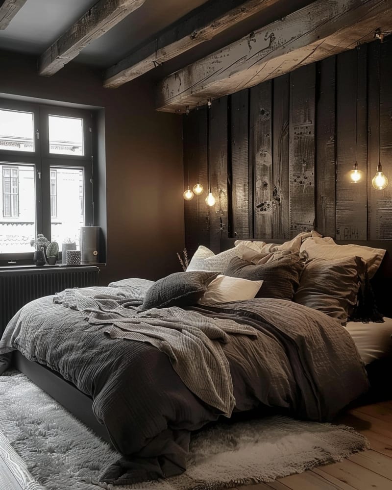 Dark bedroom with rustic wood beams, vertical paneling, pendant lights, layered bedding, moody ambiance, and textural design