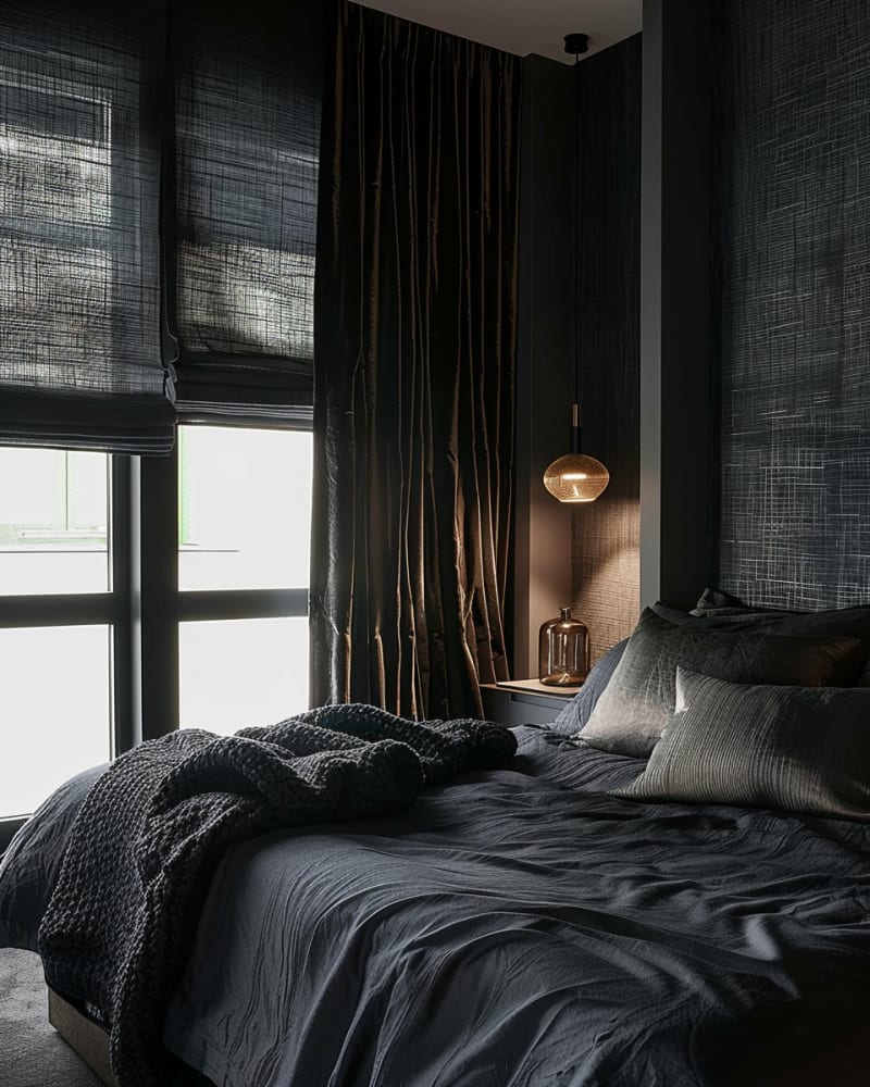 Dark bedroom with textural layers, black linen curtains, woven shades, pendant light, moody ambiance, luxe bedding