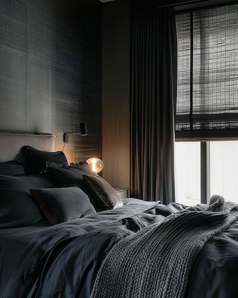 Dark bedroom with textural walls, black curtains, ambient lighting, chunky knit throw, silk bedding, monochromatic design