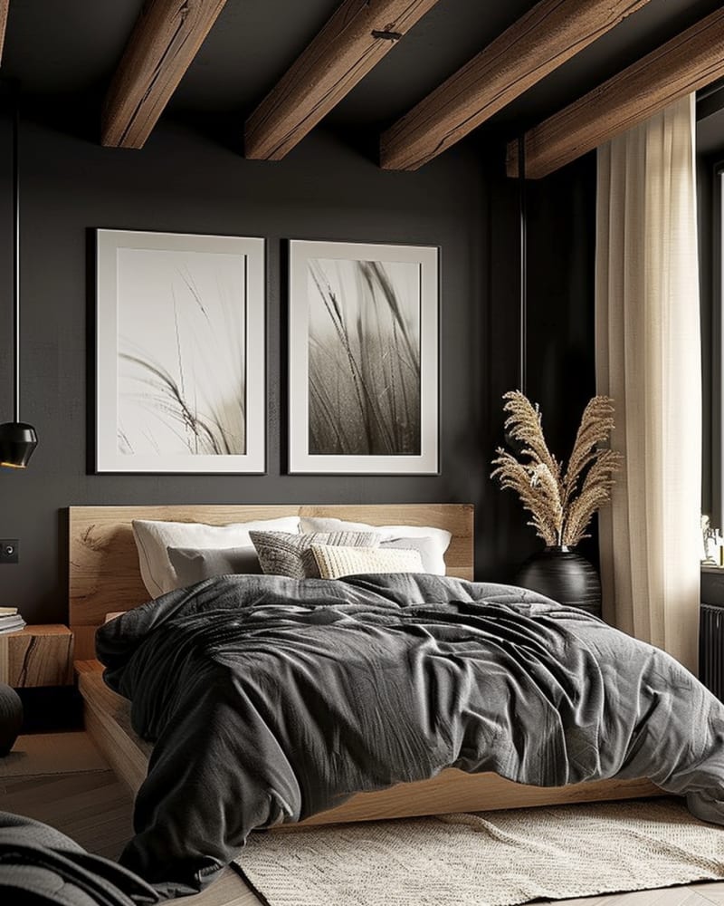Dark bedroom with wooden beams, monochrome art, natural light, oak bed frame, charcoal walls, minimalist design