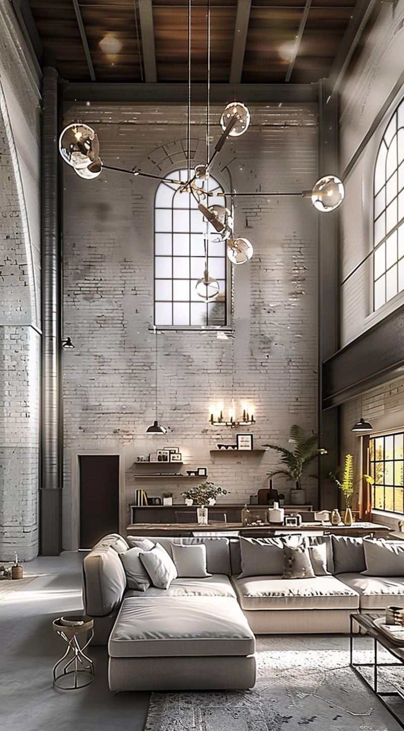 Dramatic industrial loft living room featuring white brick walls arched windows modern glass globe chandelier grey sectional sofa floating shelves and double height ceiling
