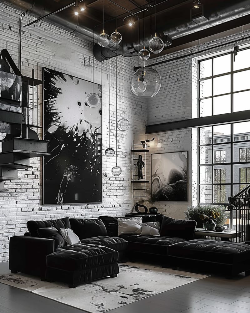 Dramatic loft living room featuring black velvet sectional sofa monochrome art white brick walls glass globe pendants industrial windows and high ceiling