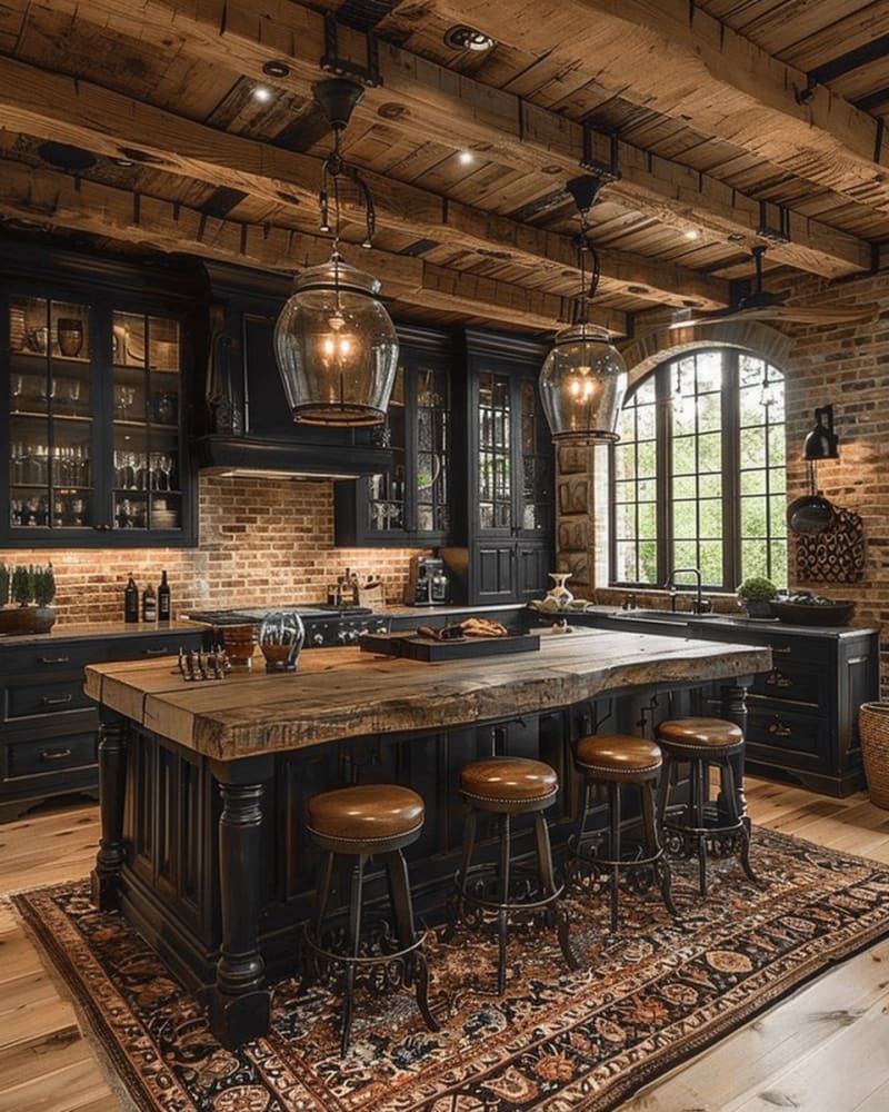 Dramatic rustic kitchen with black paneled cabinets exposed brick walls reclaimed wood beams oversized glass pendants and leather barstools
