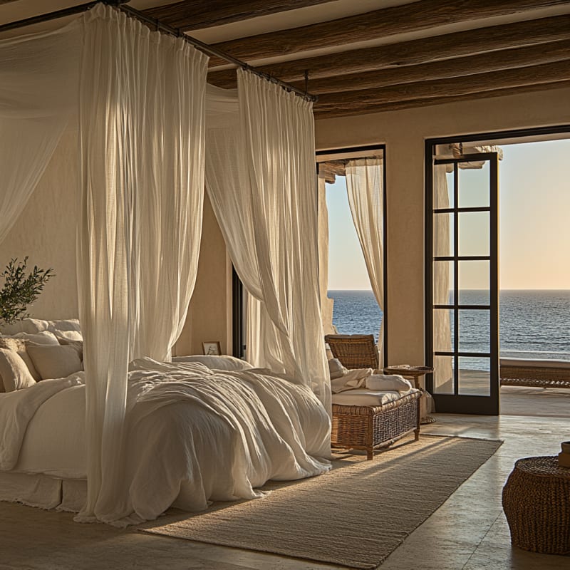 Dreamy Mediterranean bedroom with canopy bed, ocean view, natural textures, and sunset light streaming through French doors