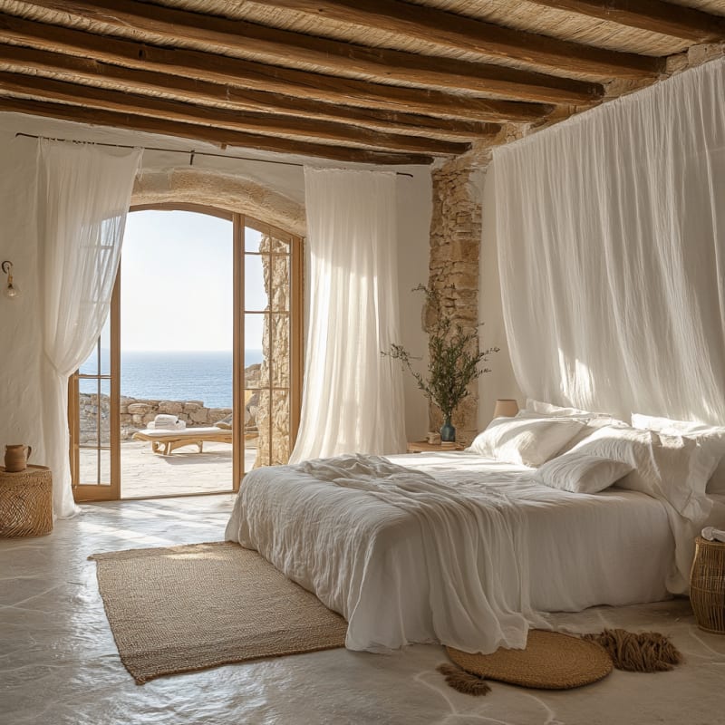 Dreamy Mediterranean bedroom with exposed beam ceiling, flowing curtains, ocean view, and rustic stone walls