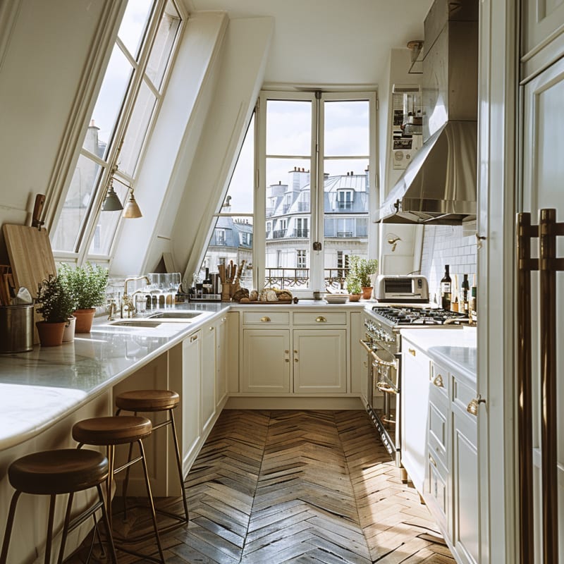 Dreamy Parisian attic kitchen with slanted windows, marble countertops, herringbone floors, and rooftop views