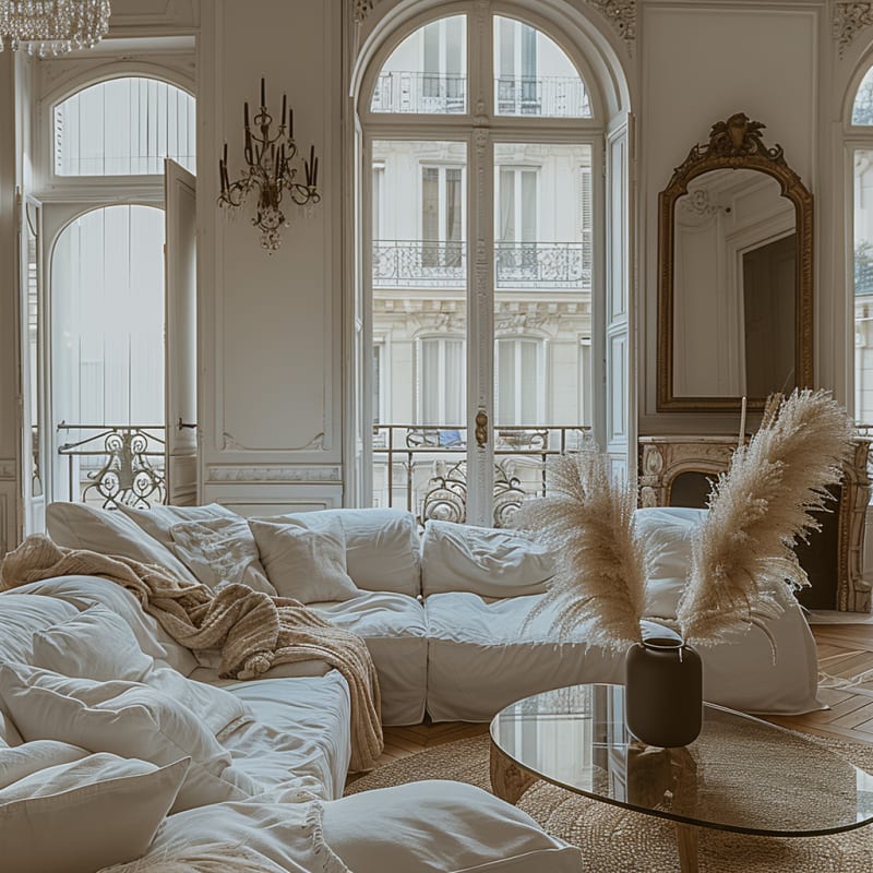 Dreamy Parisian living room with cloud-like sofa, crystal chandelier, gilded mirror, and pampas grass in natural light