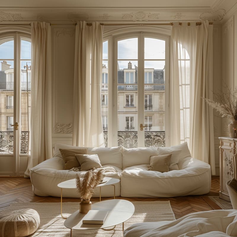 Dreamy Parisian living room with cloud-like sofa, floor-to-ceiling windows, and soft natural light creating cozy atmosphere