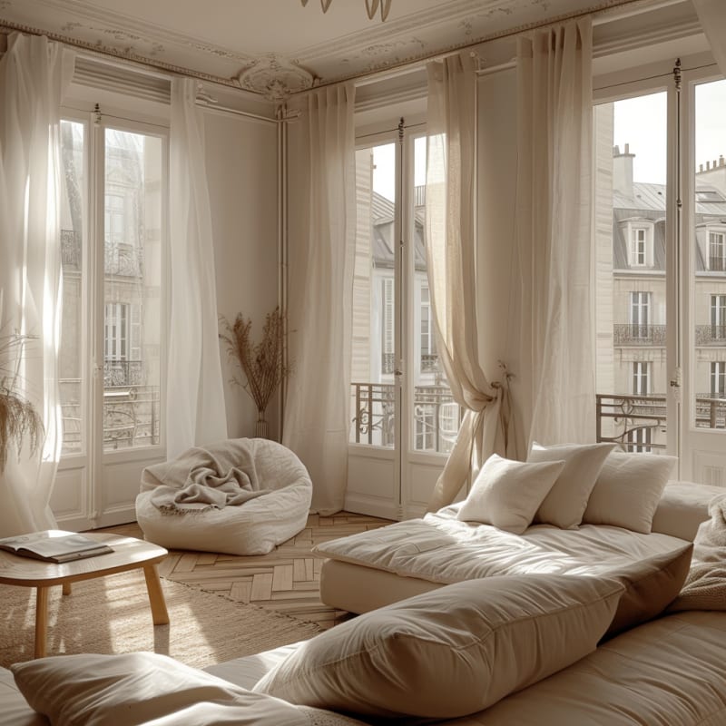 Dreamy Parisian living room with floor cushions, natural light, and herringbone floors overlooking rooftops