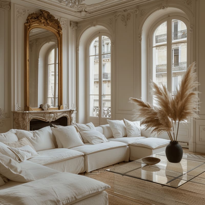 Dreamy Parisian living room with oversized white sofa, gilded mirror, pampas grass, and arched windows overlooking historic facades