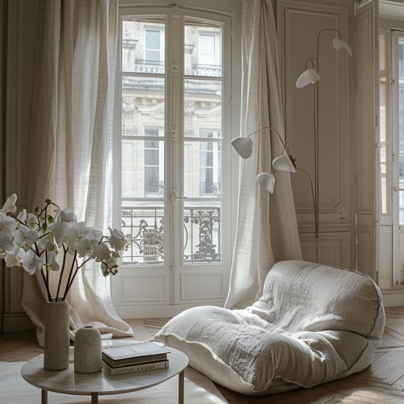 Dreamy Parisian reading nook with floor cushion, sheer curtains, orchids, and modern lighting in classical interior
