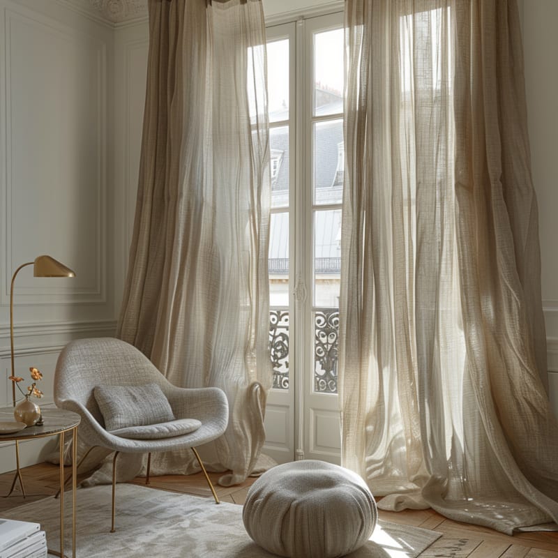 Dreamy Parisian reading nook with flowing sheer curtains, modern accent chair, and golden morning light
