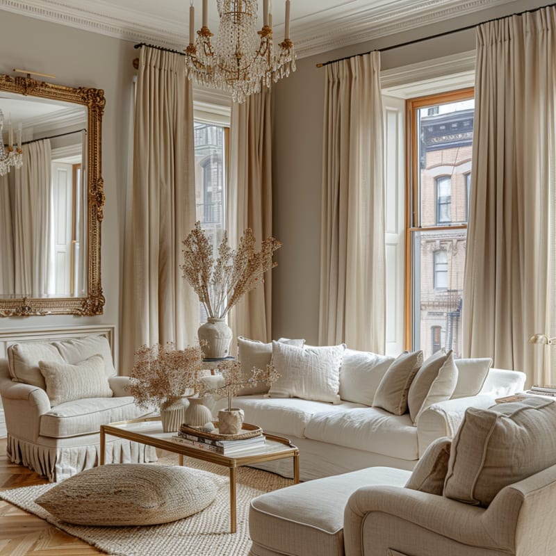 Elegant cream living room with crystal chandelier, gilded mirror, and textured linen furniture in neutral palette