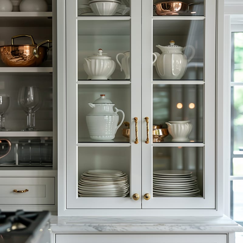 Elegant glass-front kitchen cabinet with white porcelain collection, brass hardware, and copper cookware on marble countertop