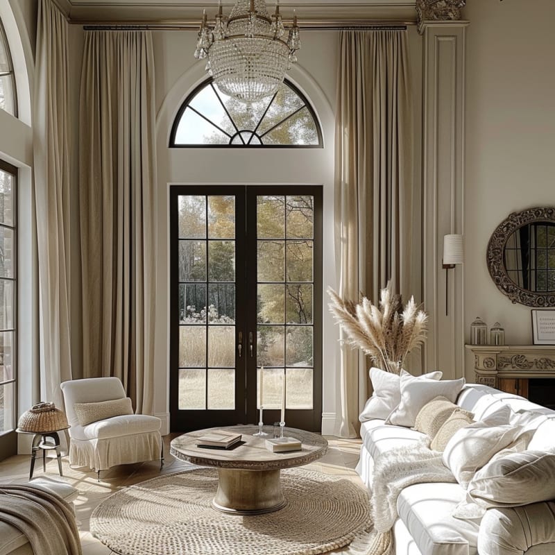 Elegant living room with arched French doors, crystal chandelier, plush white sofa, and natural textures in cream palette