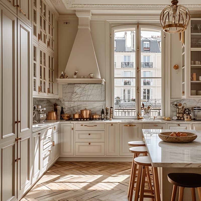 Elegant Parisian kitchen with marble backsplash, brass accents, floor-to-ceiling cabinets, and herringbone floors overlooking classic balconies