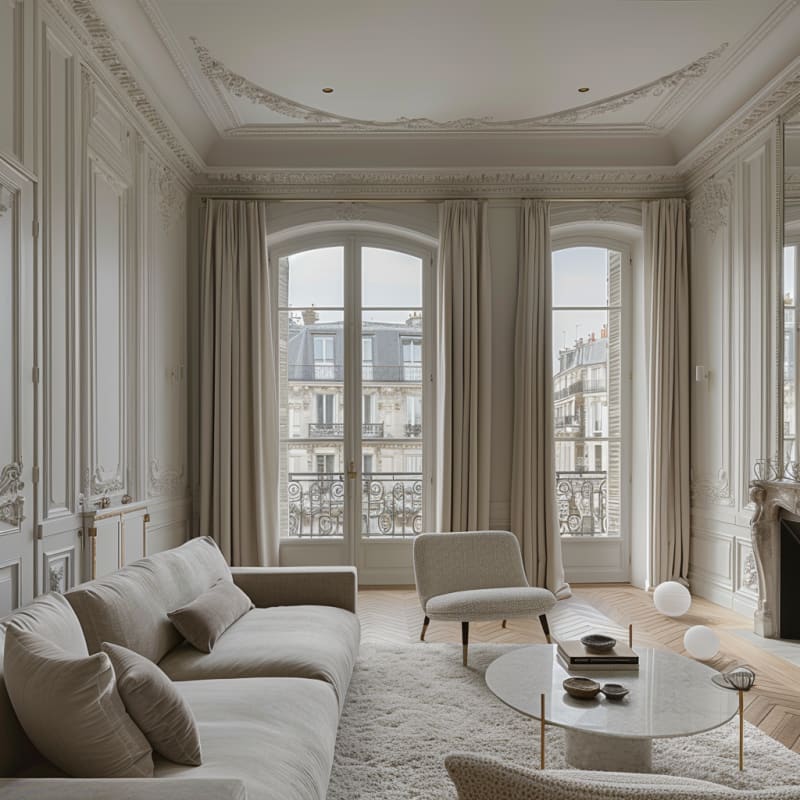Elegant Parisian living room with arched windows, ornate ceiling moldings, herringbone floors, and contemporary minimalist furniture in neutral tones