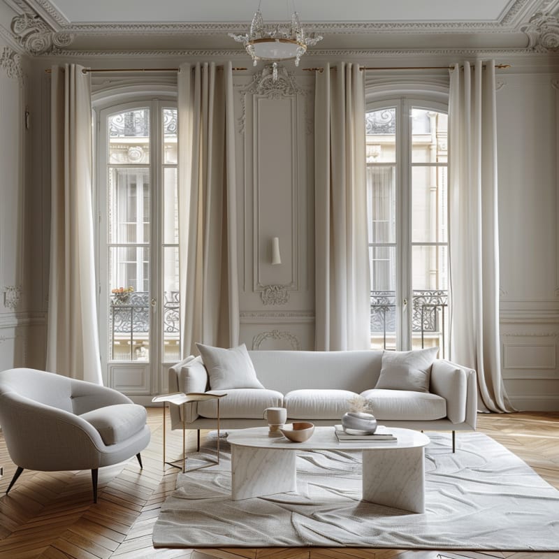 Ethereal Parisian living room with crystal chandelier, marble coffee table, and all-white modern furniture in classical setting
