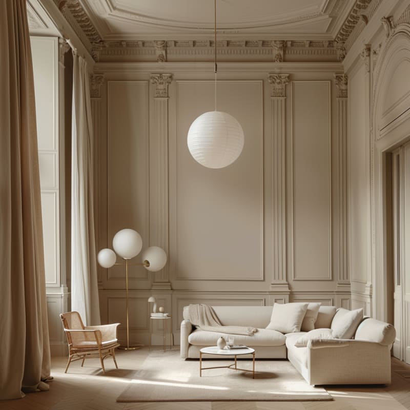 Ethereal Parisian living room with monochromatic palette, floating globe lights, and rattan accent chair in warm sunlight