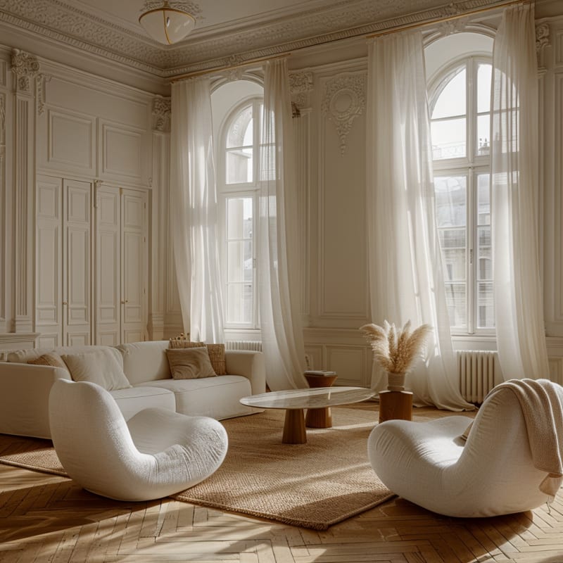 Ethereal Parisian living room with organic curved seating, flowing sheer curtains, and golden hour light through arched windows