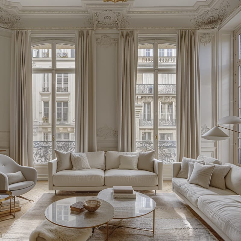 Ethereal Parisian living room with symmetrical French windows, plush white sofas, and marble coffee tables overlooking historic facades