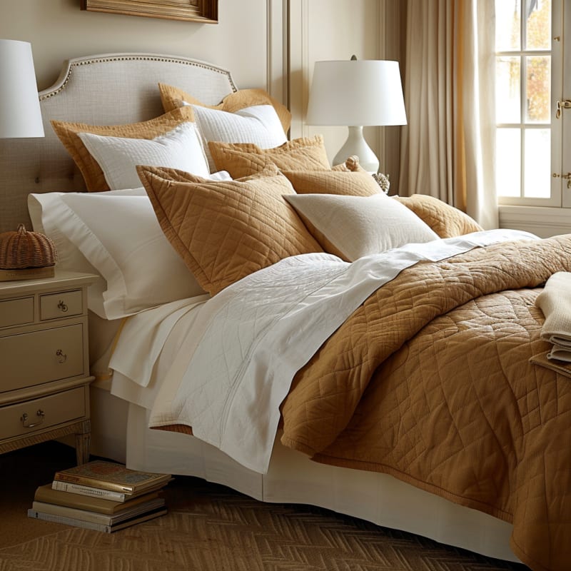 French bedroom featuring caramel quilted bedding white linens upholstered headboard antique nightstand and soft morning light