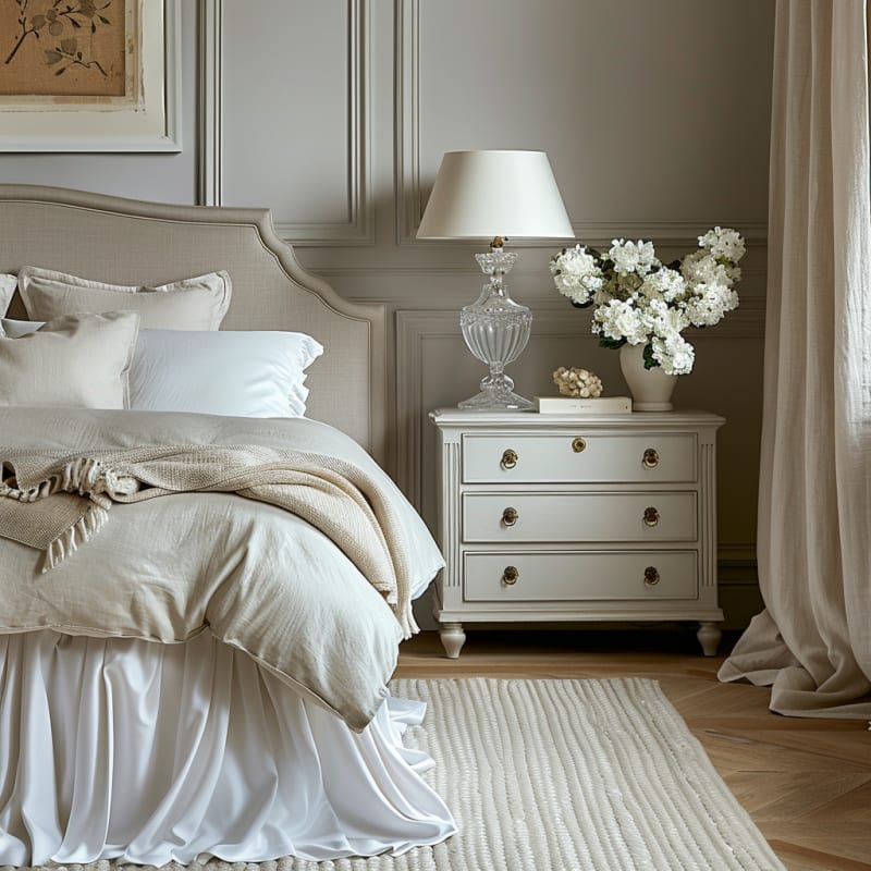 French bedroom featuring soft grey paneled walls crystal table lamp white hydrangeas linen upholstered bed and layered bedding