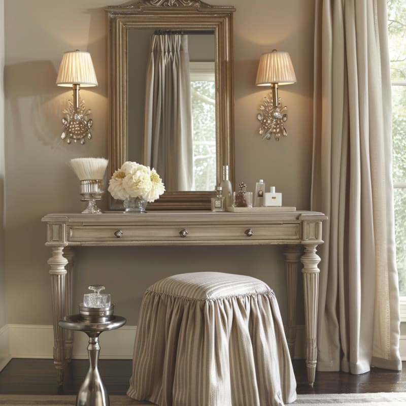 French boudoir vanity featuring crystal sconces antique mirror gathered silk stool white peonies and elegant accessories