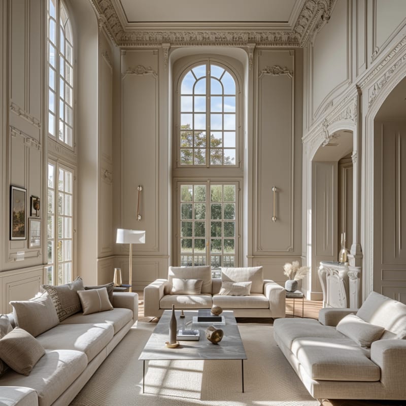 French chateau living room with double-height arched windows, ornate moldings, and modern cream sofas