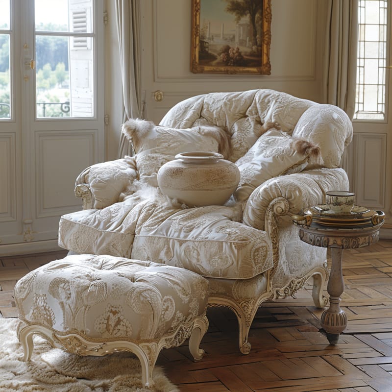French chateau reading nook featuring oversized white damask armchair antique side table and gilded wall art in elegant Parisian interior