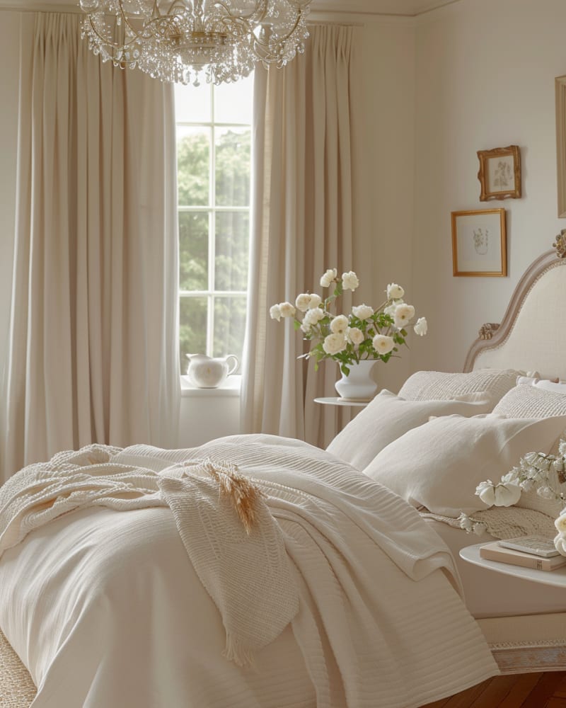 French country bedroom featuring crystal chandelier white linens cream curtains French headboard white roses and natural morning light