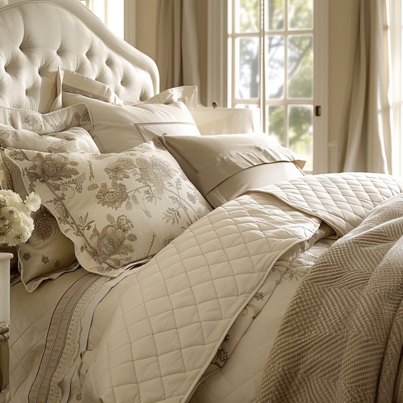 French country bedroom featuring tufted headboard quilted bedding floral pillows natural light through French windows and soft neutral palette