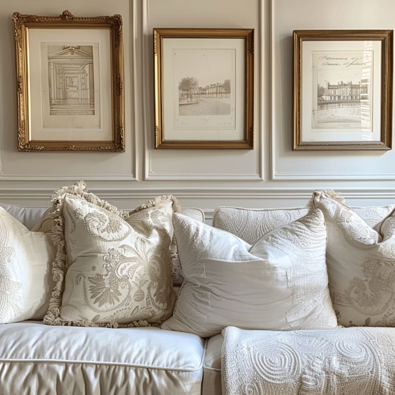 French living room featuring antique architectural sketches in gilded frames, white linen sofa, embroidered pillows and classic wall moldings