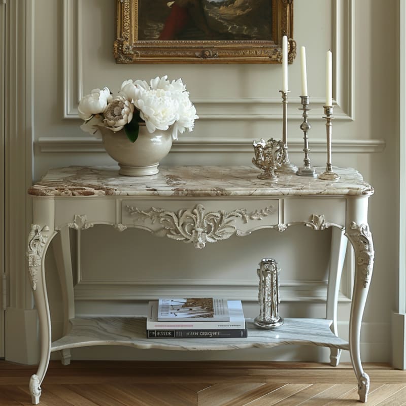 French marble console table with ornate carved details, white peonies and antique silver candlesticks beneath classical painting