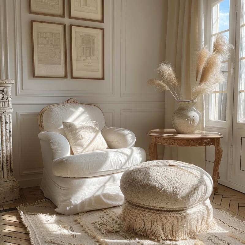 French Parisian reading nook featuring white armchair antique side table pampas grass architectural prints and morning light