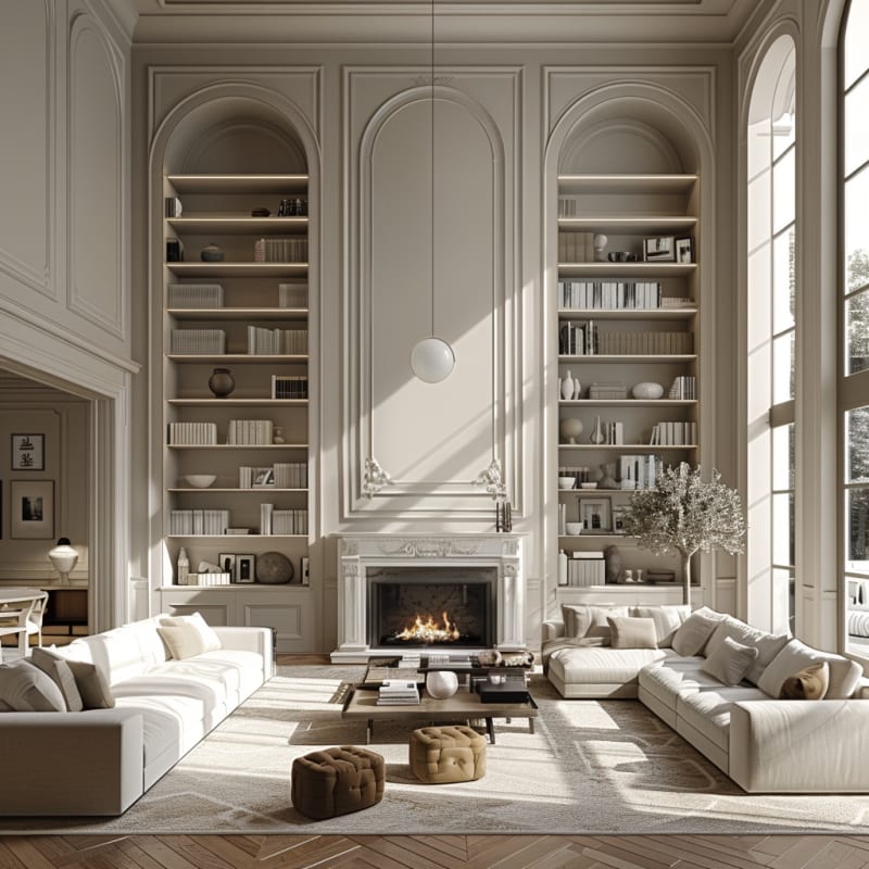 Grand Parisian living room with double-height bookshelves, ornate fireplace, and contemporary white sofas in natural light