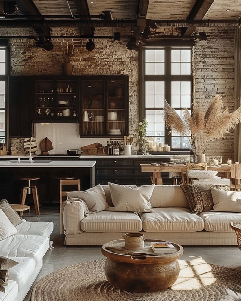 Industrial loft living featuring exposed brick walls cream linen sofa black kitchen cabinets vintage copper coffee table and natural pampas grass decor