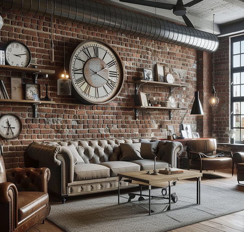 Industrial loft living room with exposed brick walls vintage oversized clock gray chesterfield sofa brown leather armchair metal ductwork floating shelves black pendant lights and industrial coffee table