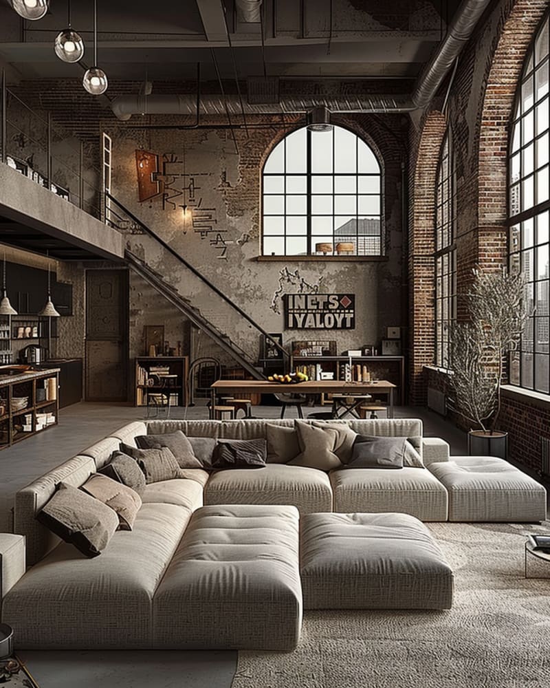 Industrial loft living room featuring arched factory windows exposed brick walls modular sectional sofa double height space vintage decor and mezzanine level